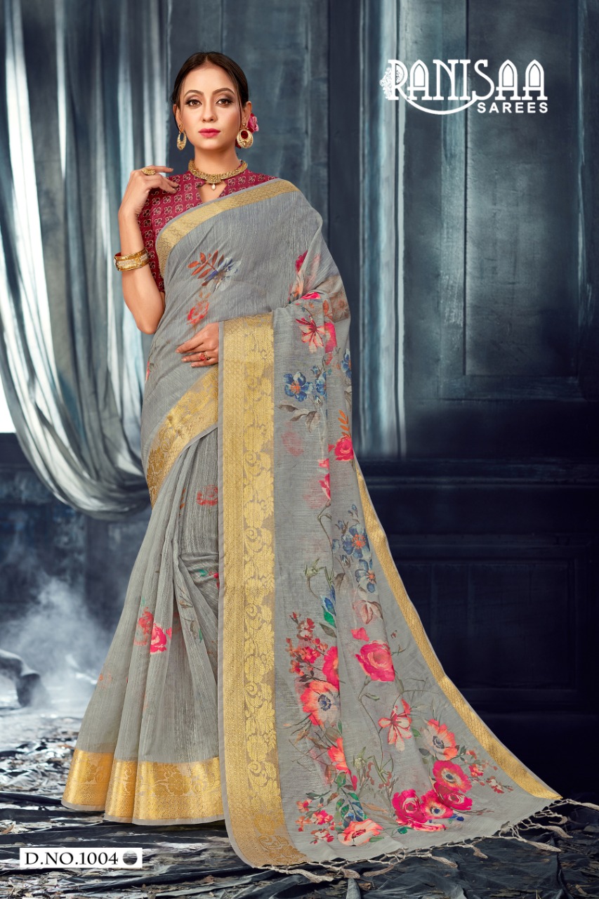 ranisaa sarees zora 1001 to 1006 soft cotton innovative print saree catalog