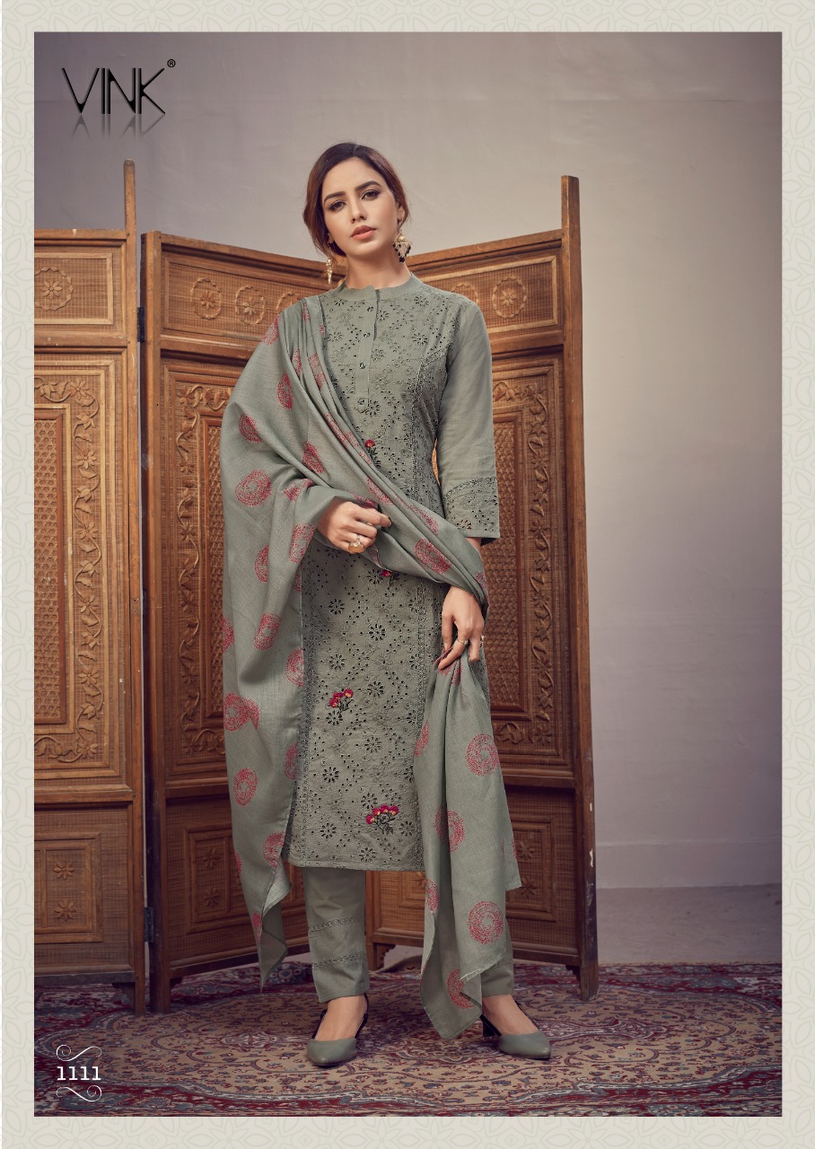 vink chikankari cotton authentic fabric top with pant and dupatta catalog