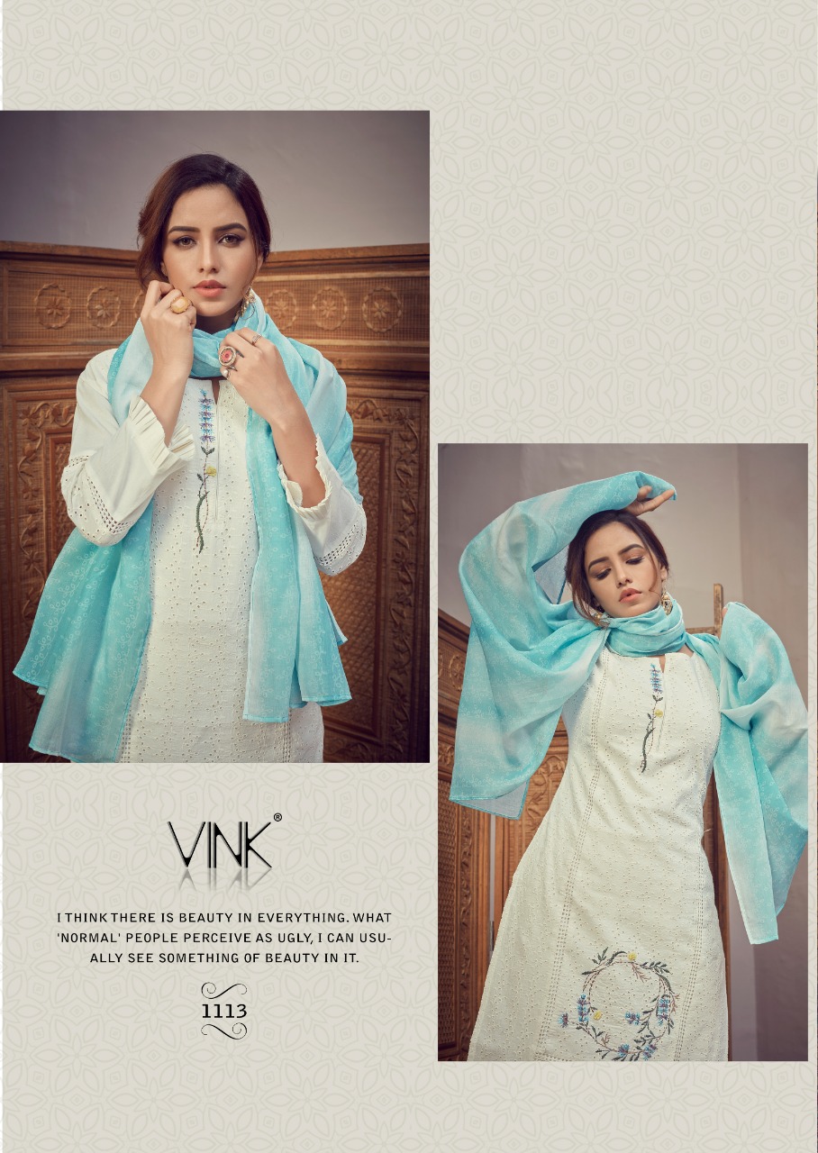 vink chikankari cotton authentic fabric top with pant and dupatta catalog