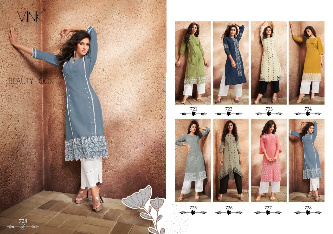 Vink Pinnacle attractive and modern Trendy cotton linen with schiffli work summer collection Kurties with Pants