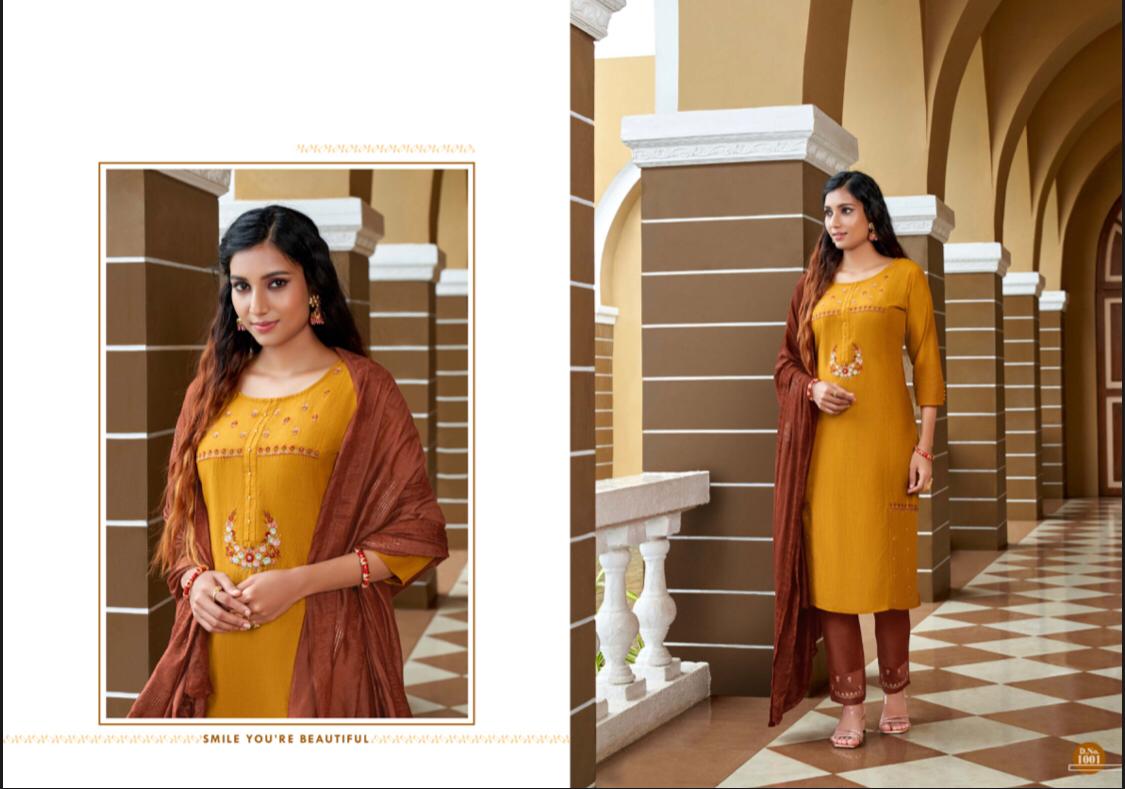amaaya garments grand chinnon silk decent embroidary and colours kurti with bottom and dupatta catalog