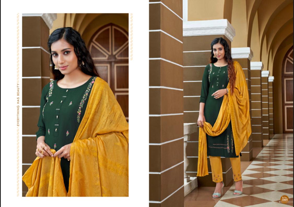 amaaya garments grand chinnon silk decent embroidary and colours kurti with bottom and dupatta catalog