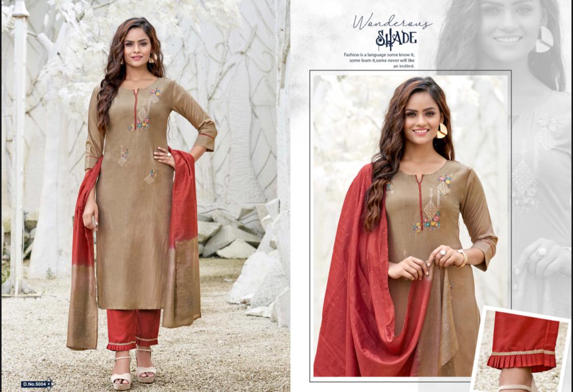 amaaya garments precious chinnon silk decent embroidary and colours kurti with bottom and dupatta catalog