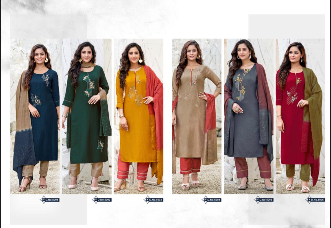 amaaya garments precious chinnon silk decent embroidary and colours kurti with bottom and dupatta catalog