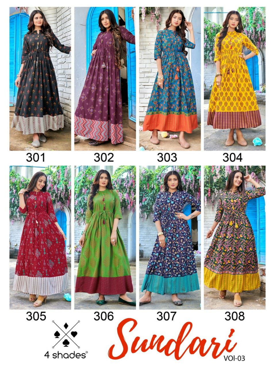 4 shades sundari vol 3 rayon regal look gown style kurti catalog