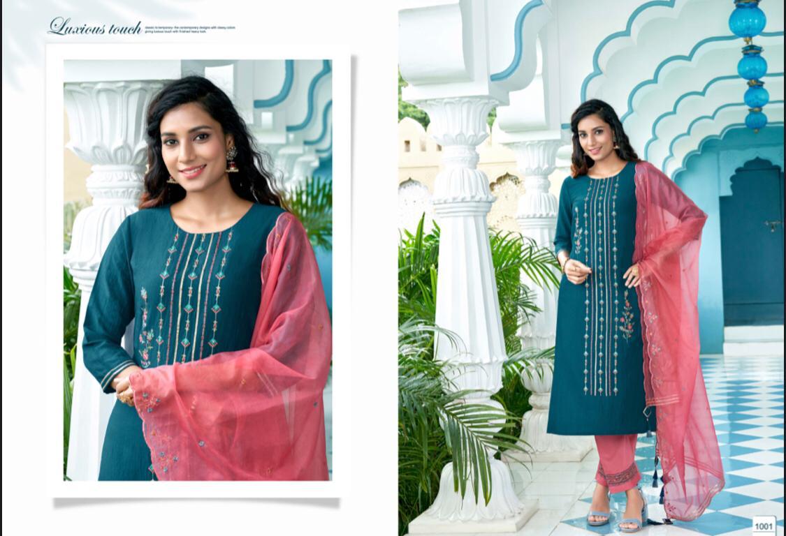 amaaya garments magic chinnon silk decent embroidary and colours kurti with bottom and dupatta catalog