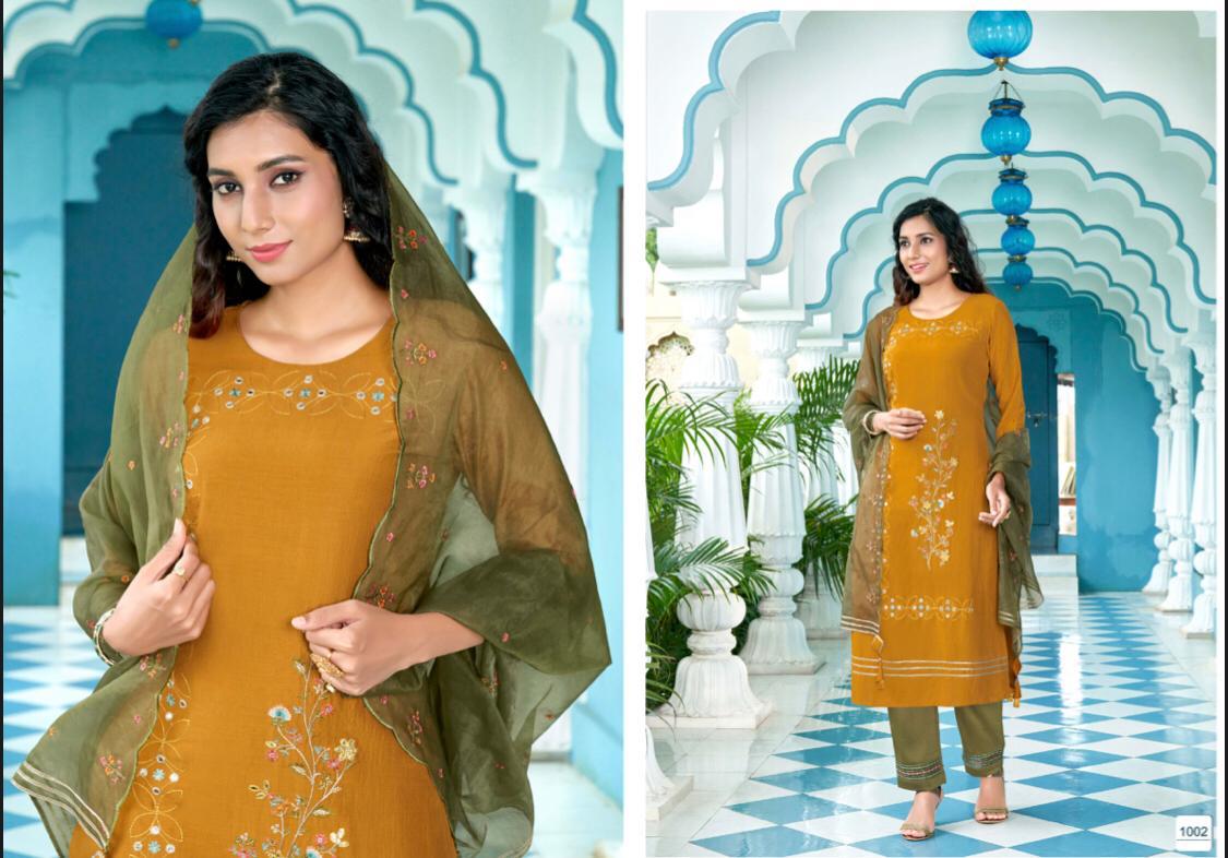 amaaya garments magic chinnon silk decent embroidary and colours kurti with bottom and dupatta catalog