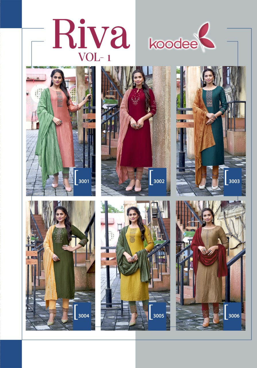 koodee riva vol 1 viscose regal look top with bottom and duppata catalog
