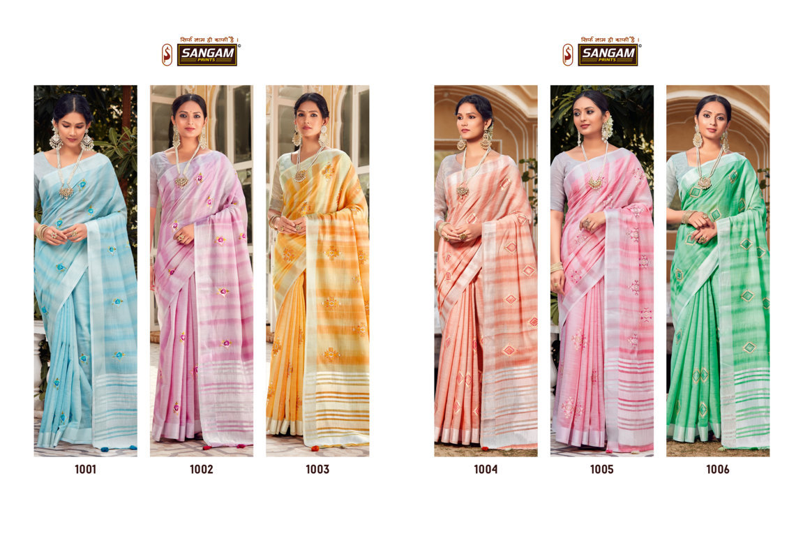 sangam prints kavya linen attractive fancy saree catalog