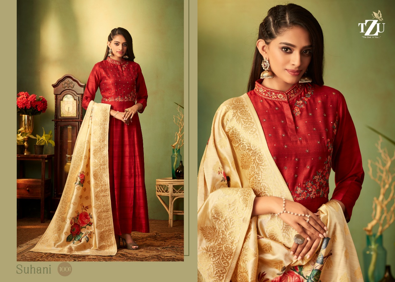 tzu suhani 1001 to 1004 muslin silk gorgeous look kurti with dupatta catalog