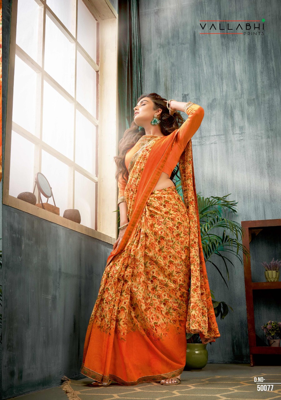vallabhi prints leaf shiffon gorgeous look saree catalog