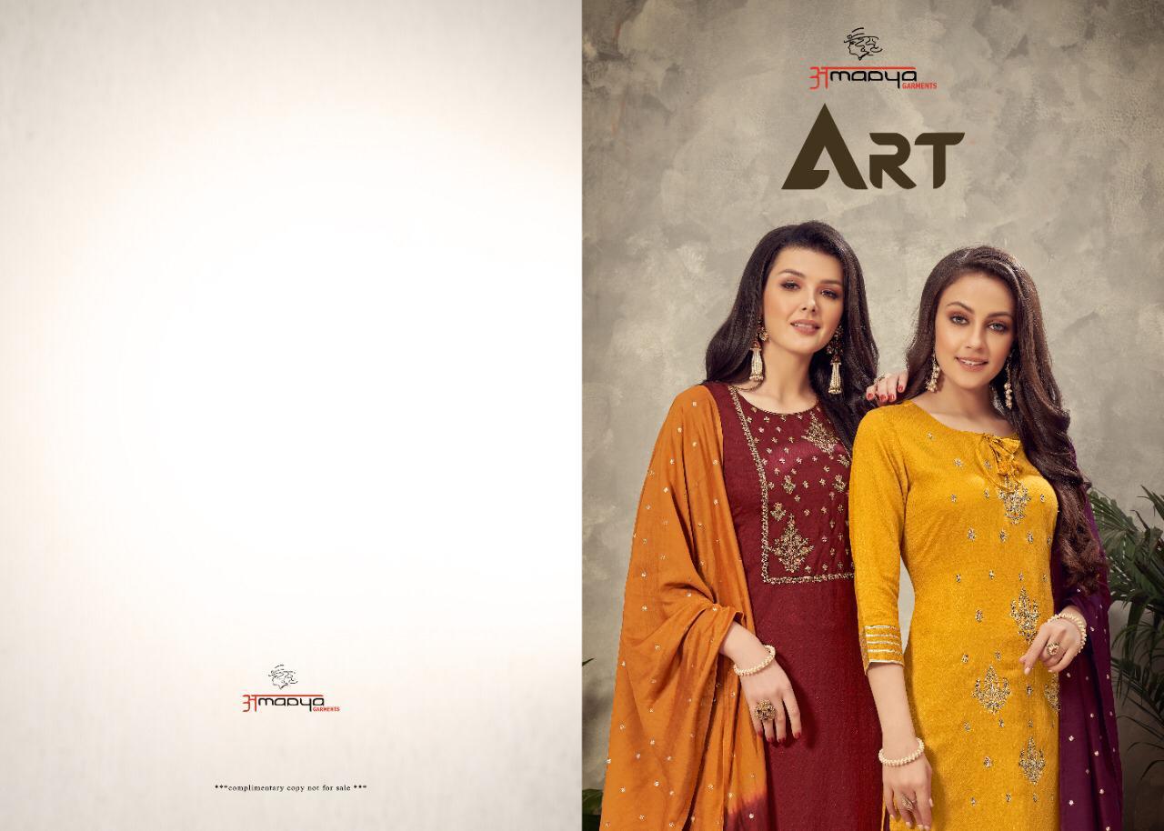 amaaya garments art chinnon attrective look embroidary and colours kurti with bottom and dupatta catalog