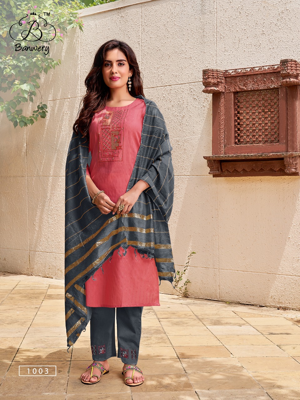 banwery pragati cotton decent embroidary look top with pent  and dupatta catalog