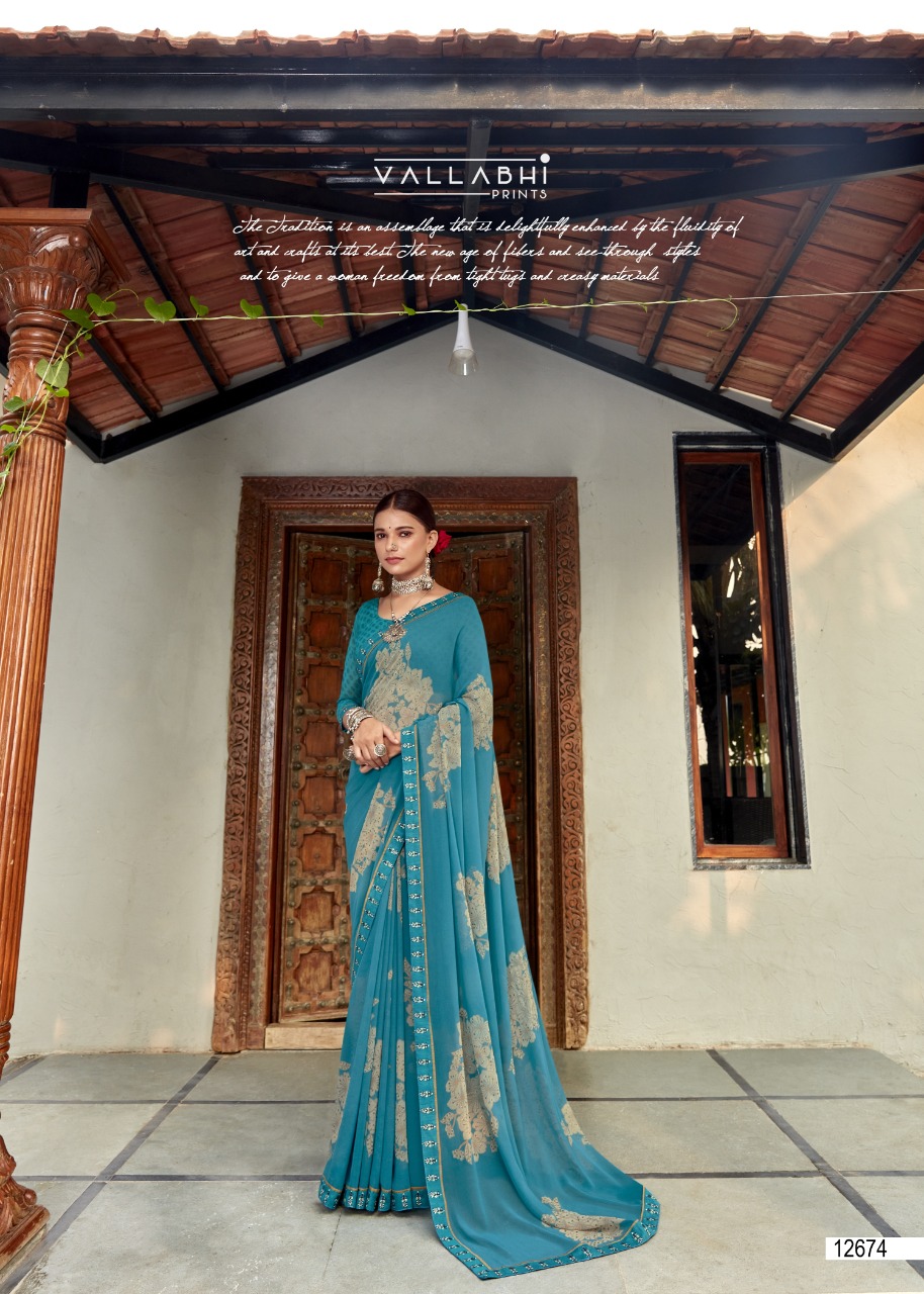 vallabhi print dove weighless attractive print saree catalog