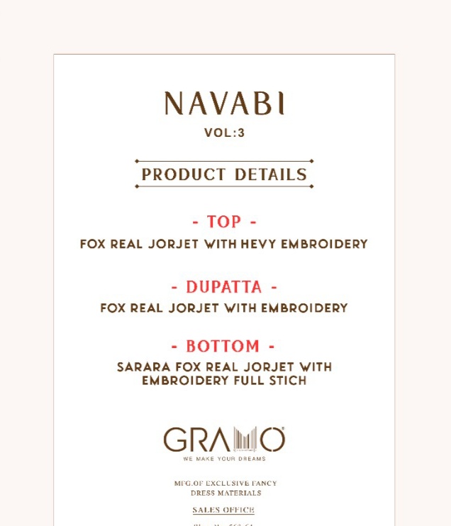 gramo navabi vol 3 fox jorjet innovative style top bottom with dupatta catalog