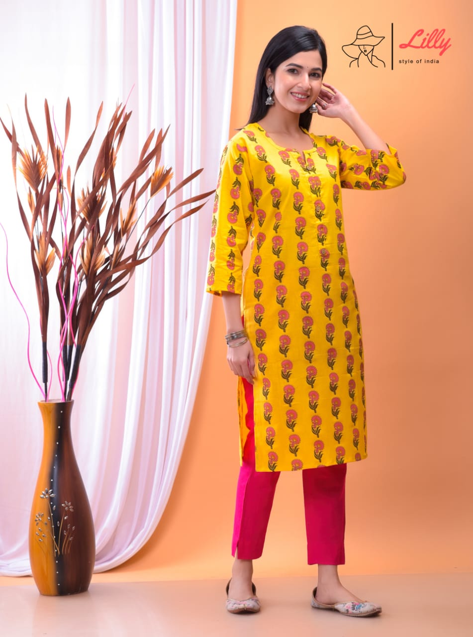 lilly style of india neha 5 cotton elegant kurti with pant size set
