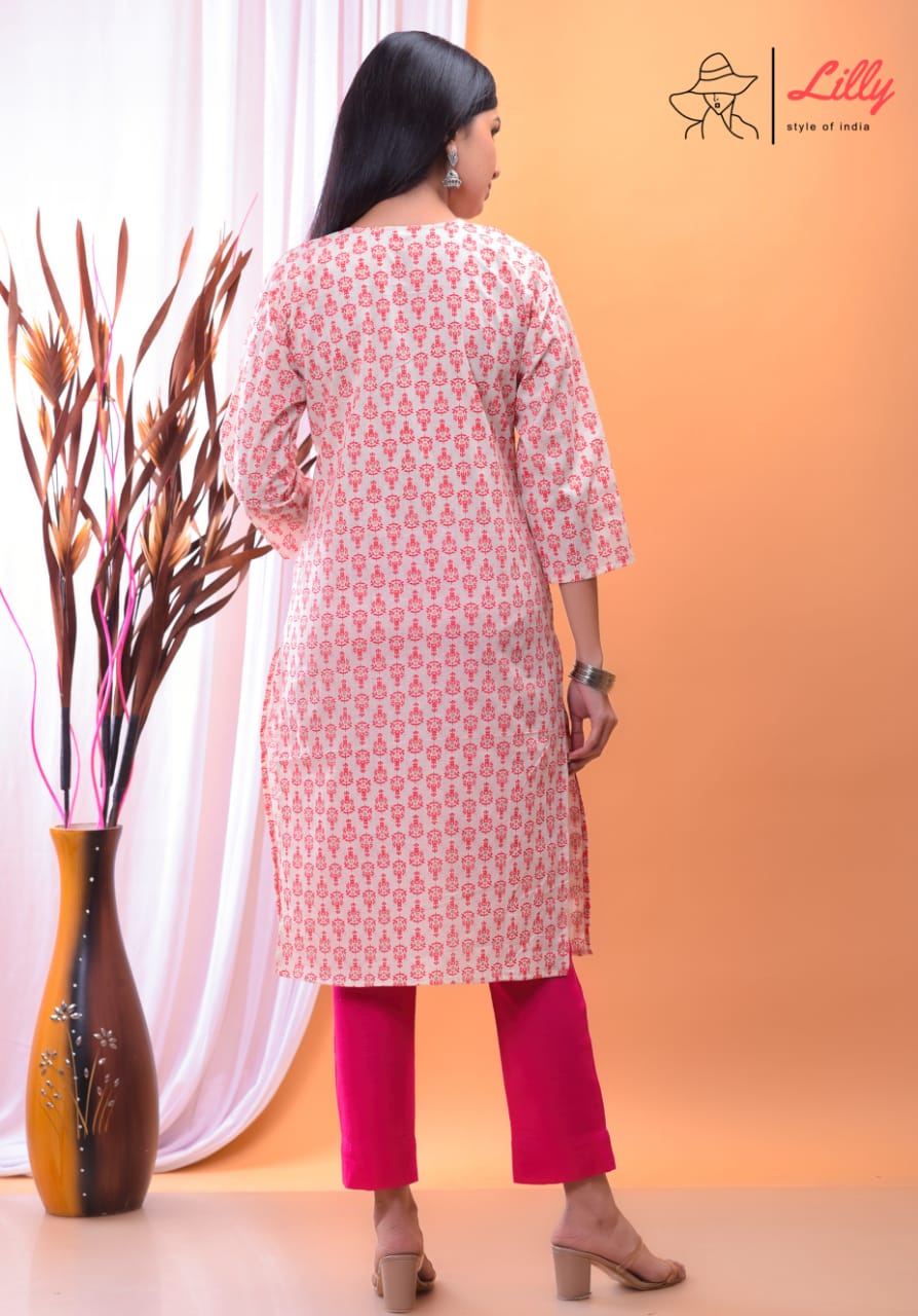 Lilly style of india nena 7 pure mal Cotton kurti Sanganeri print decent look and print top with pant size set