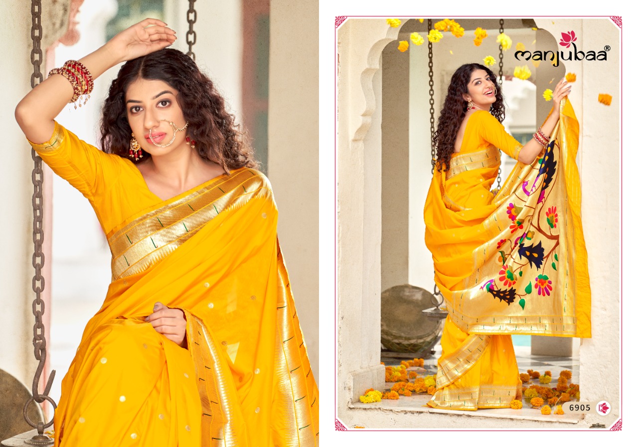 manjubaa madhushala paithani Series 6901 To 6908 Banarasi silk attrective look saree catalog