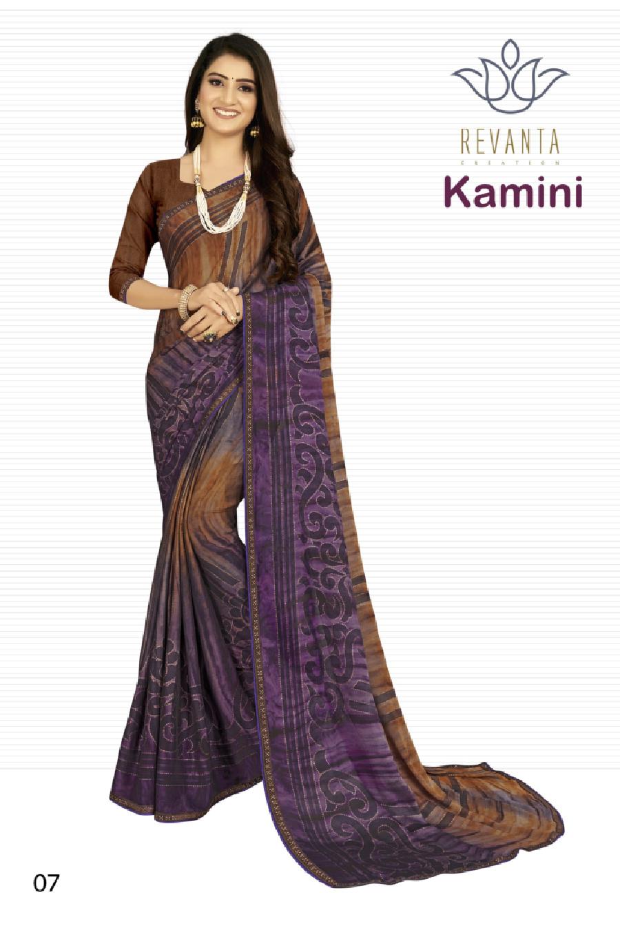 revanta kamini moss zari attrective print saree catalog