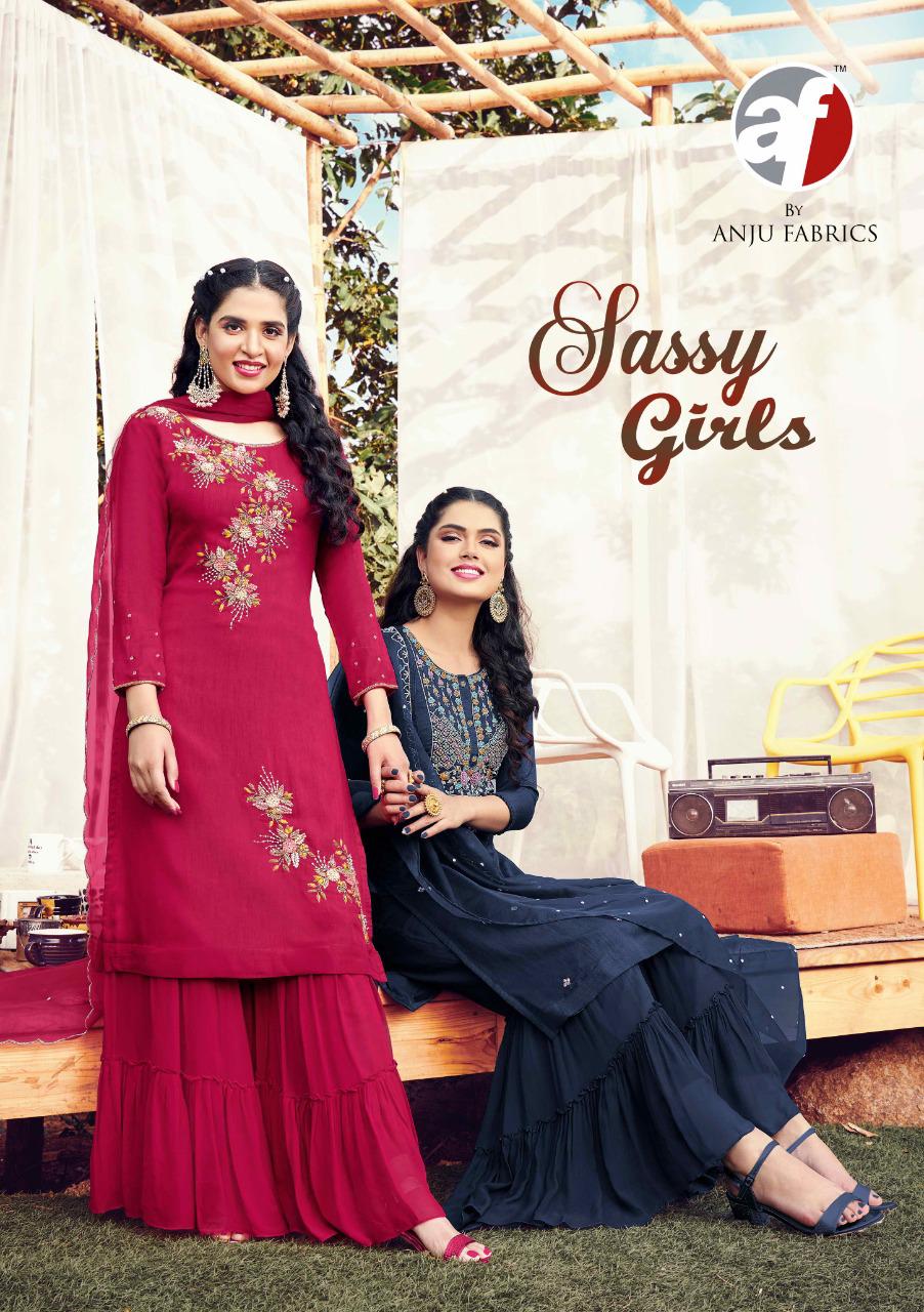 anju fabrics sassy girls dola innovative style top with garara and dupatta catalog
