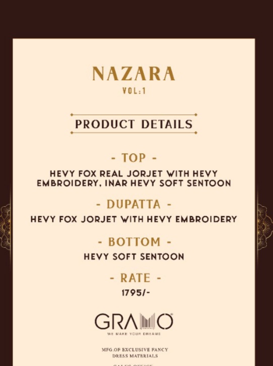 gramo nazara vol 1 jorget decent look top bottom with dupatta catalog