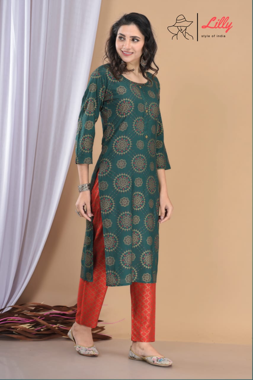 lilly style of india meena 3 rioyon exclusive print kurti with pent size set
