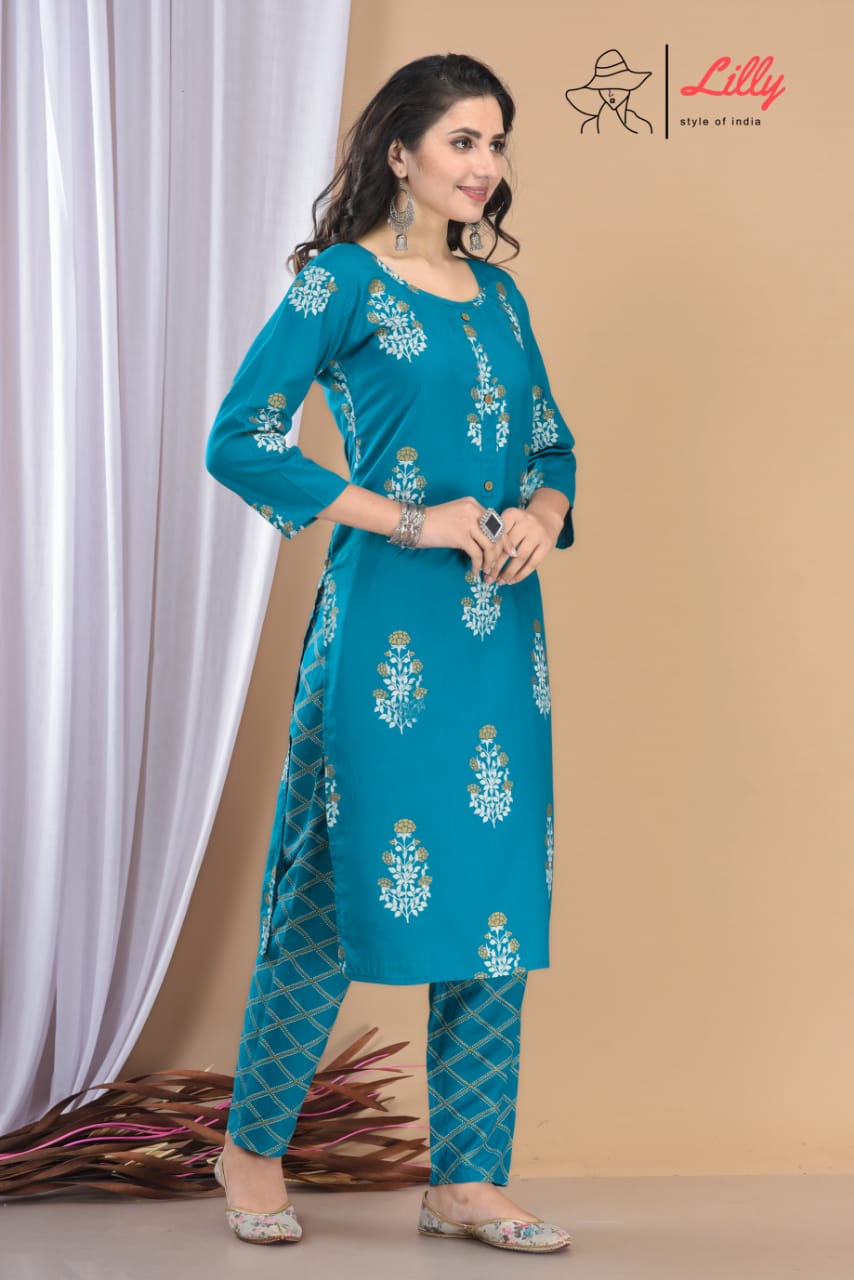 lilly style of india meena 4 rioyon elegant print kurti with pent size set