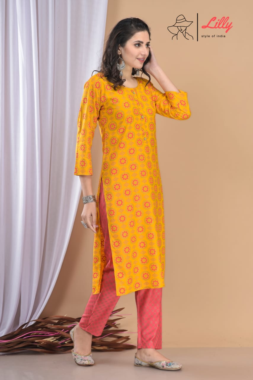 lilly style of india meena 5 rioyon catchy look kurti with pent size set