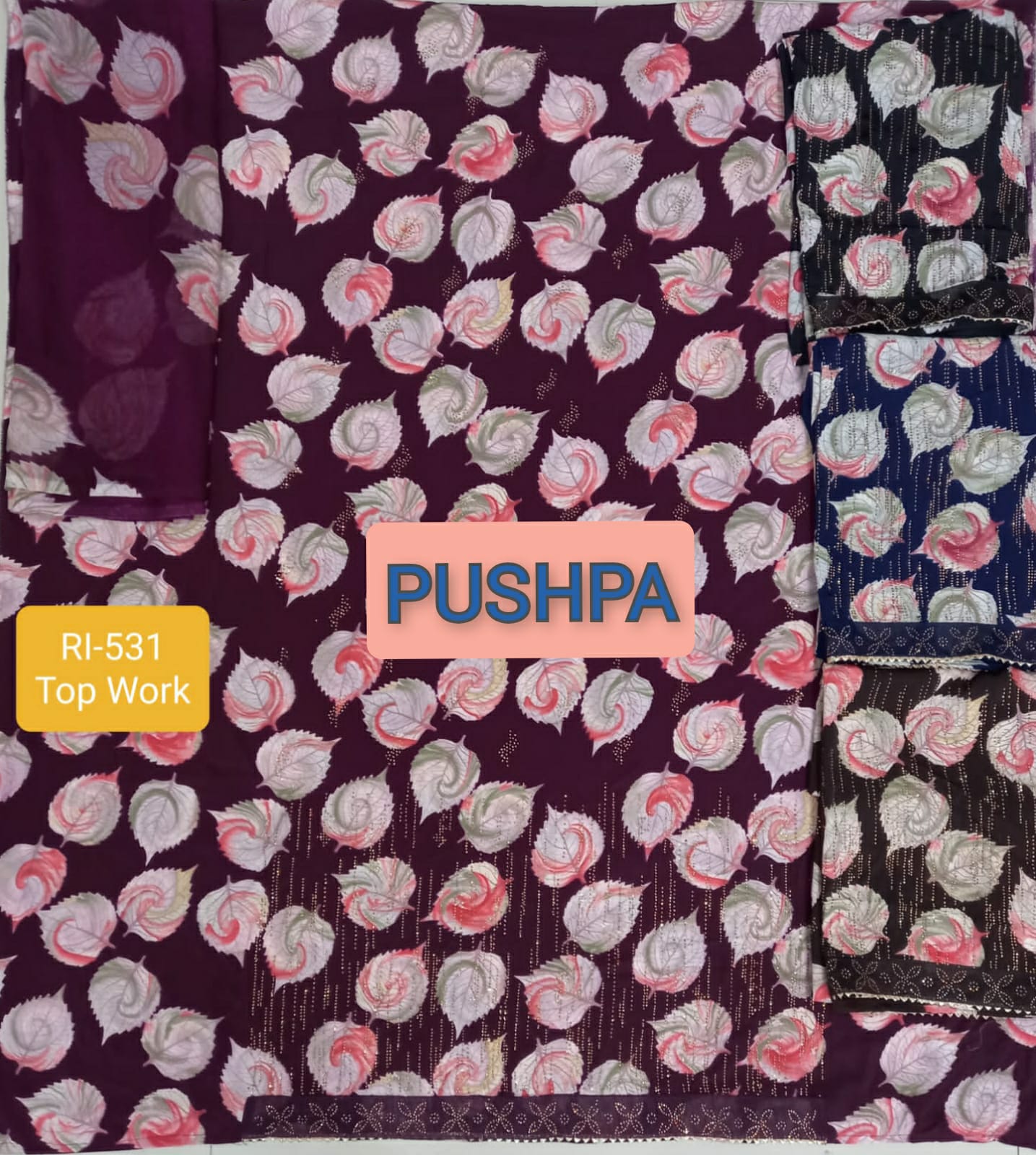 pushpa collection french crape  4 PCS SET pure french print attrective print salwar suit catalog