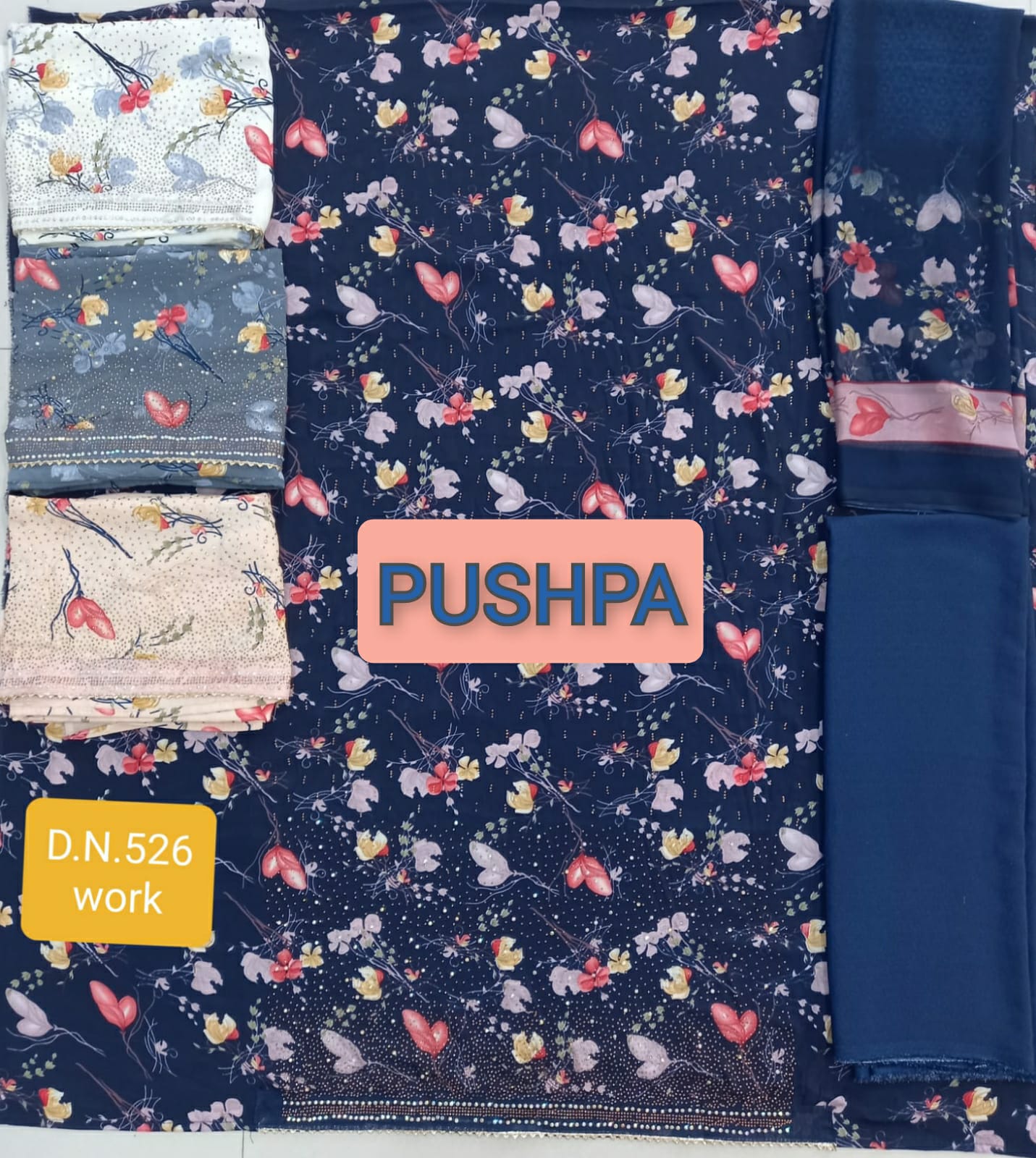 pushpa collection french crape  4 PCS SET pure french print attrective print salwar suit catalog