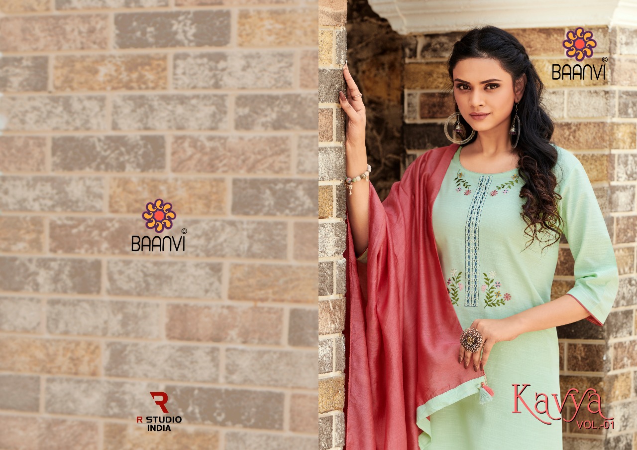 r studio Baanvi kavya cotton exclusive embroidary look kurti pant with dupatta catalog