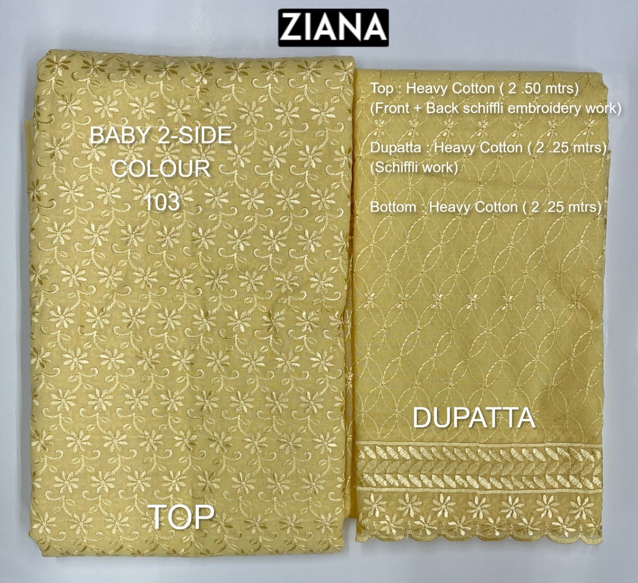 ziana baby 2 side colour 103 heavy cotton regal look embroidery salwar suit colour set