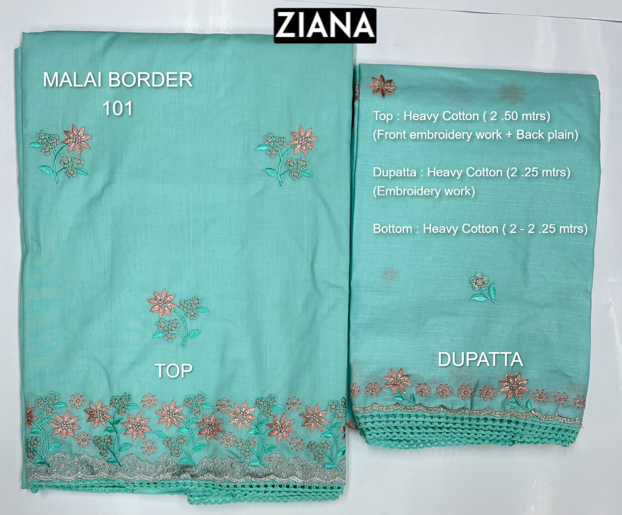 ziana malai border 101 heavy cotton catchy look embroidery salwar suit colour set