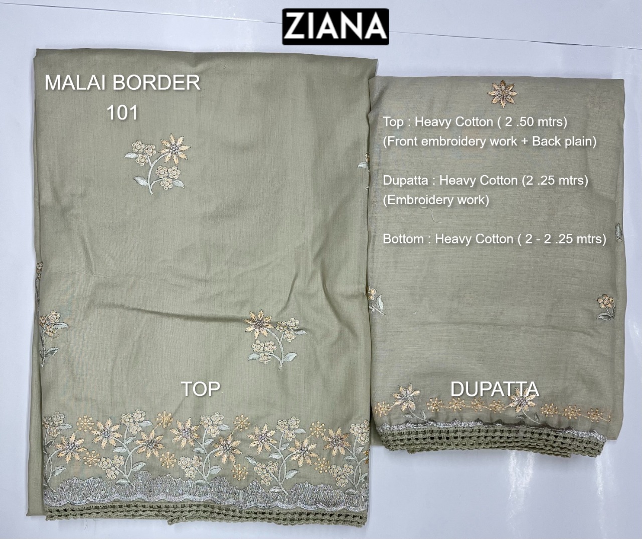 ziana malai border 101 heavy cotton catchy look embroidery salwar suit colour set