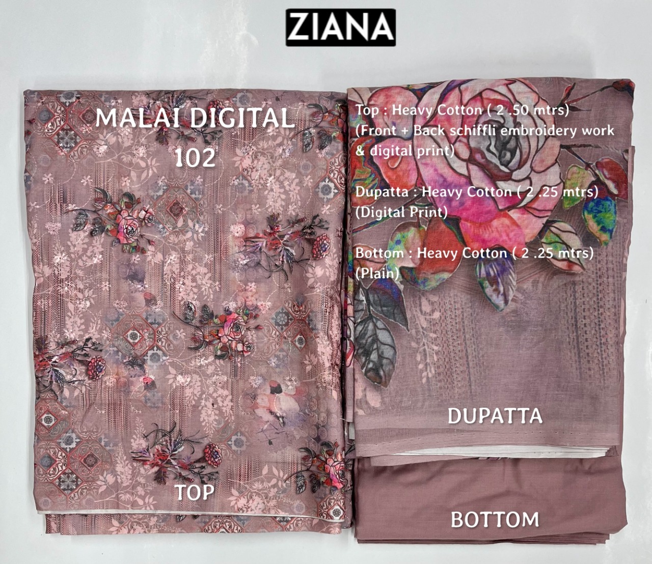 ziana malai digital 102 heavy cotton attrective look embroidery salwar suit colour set