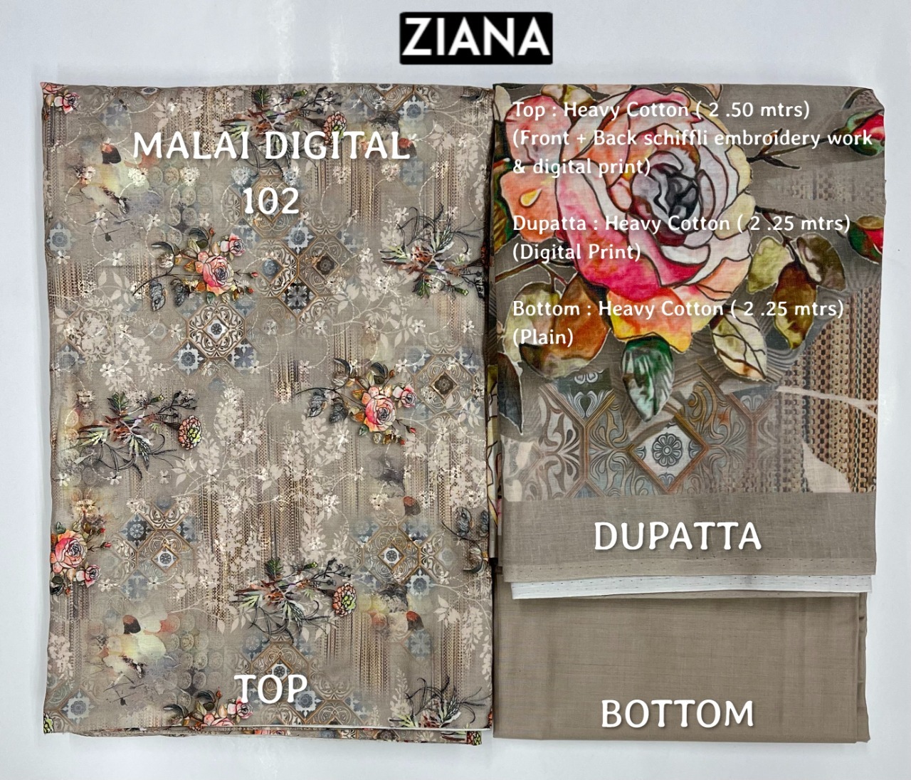 ziana malai digital 102 heavy cotton attrective look embroidery salwar suit colour set