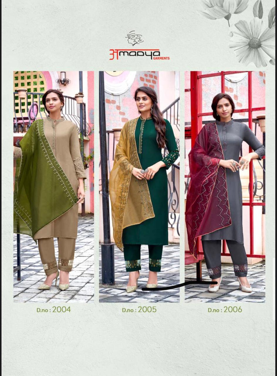 amaaya garments classic chinnon silk innovative look kurti pant with dupatta catalog