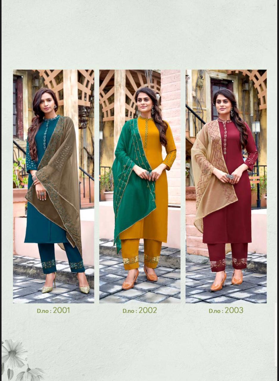 amaaya garments classic chinnon silk innovative look kurti pant with dupatta catalog