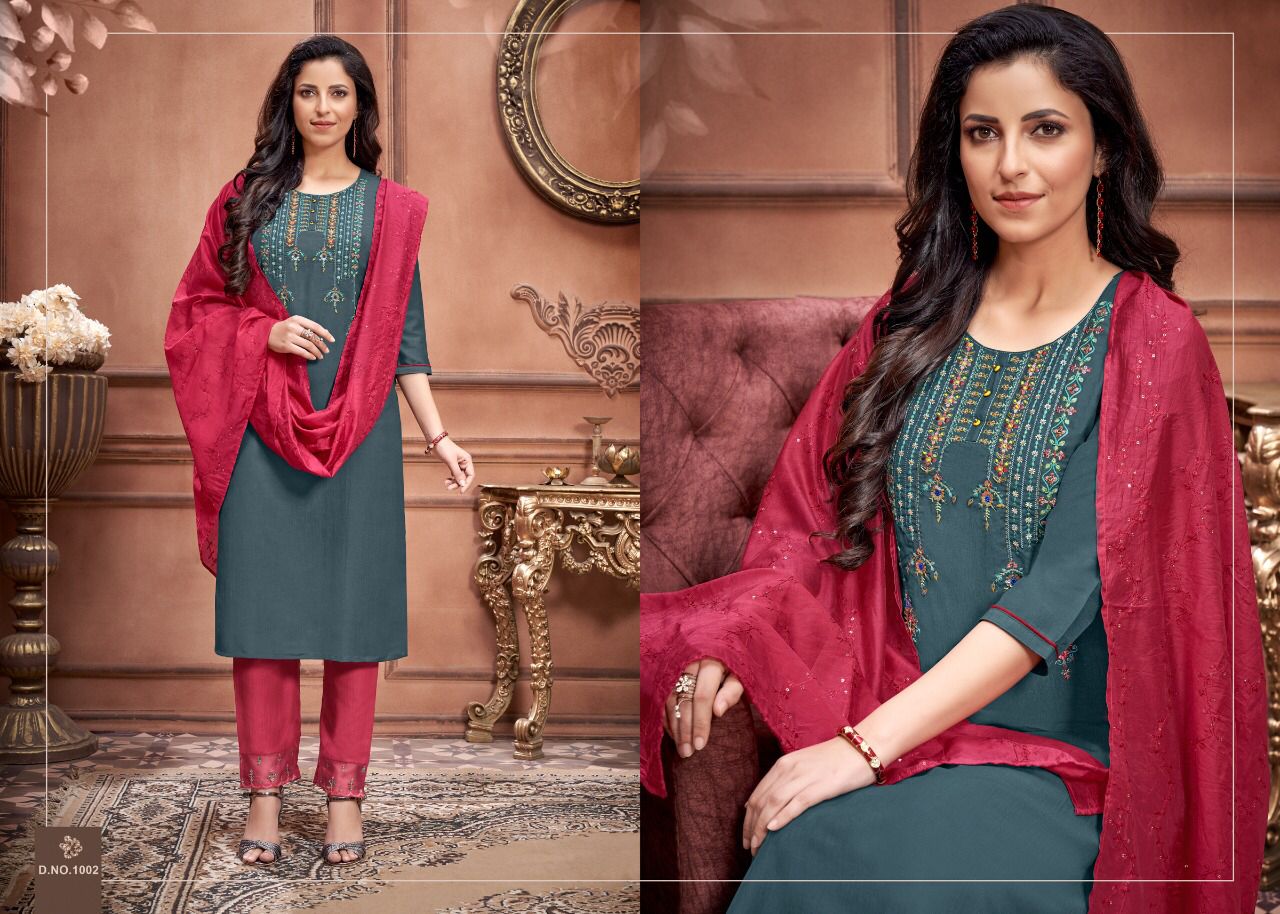 amaaya garments prime chinnon silk innovative look kurti pant with dupatta catalog