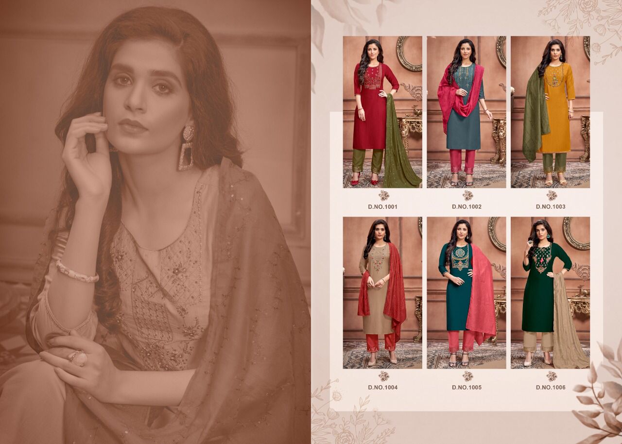 amaaya garments prime chinnon silk innovative look kurti pant with dupatta catalog