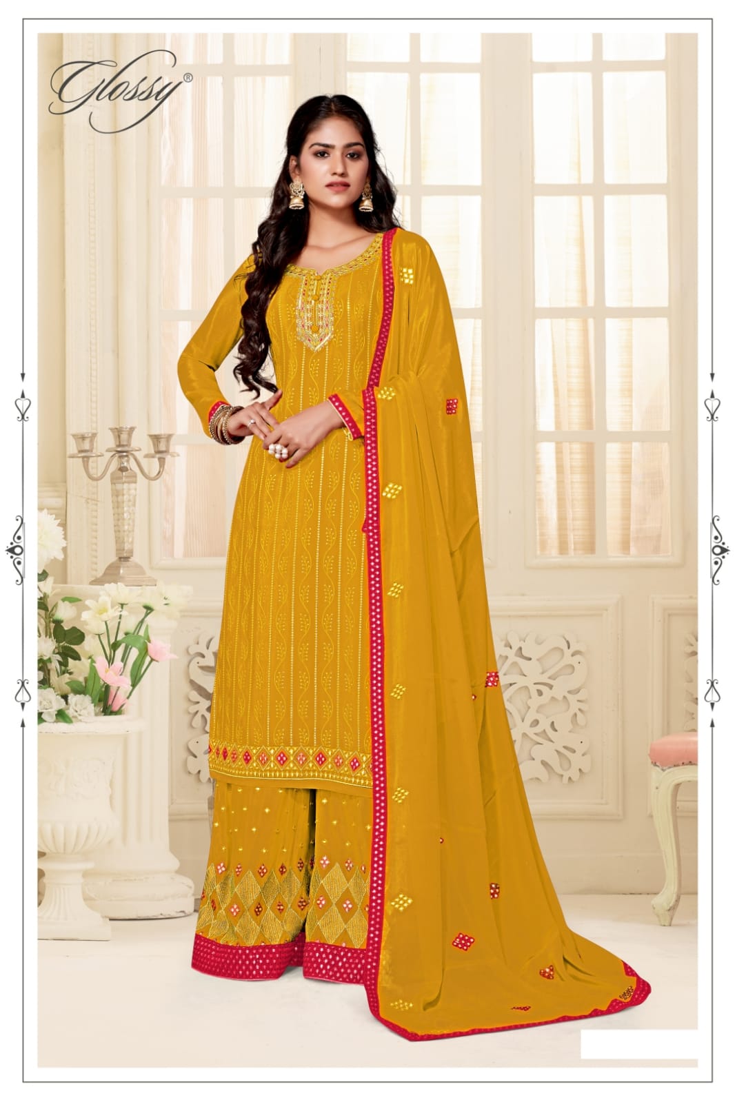 glossy glossy d no 102 chinon gorgeous look salwar suit colour set