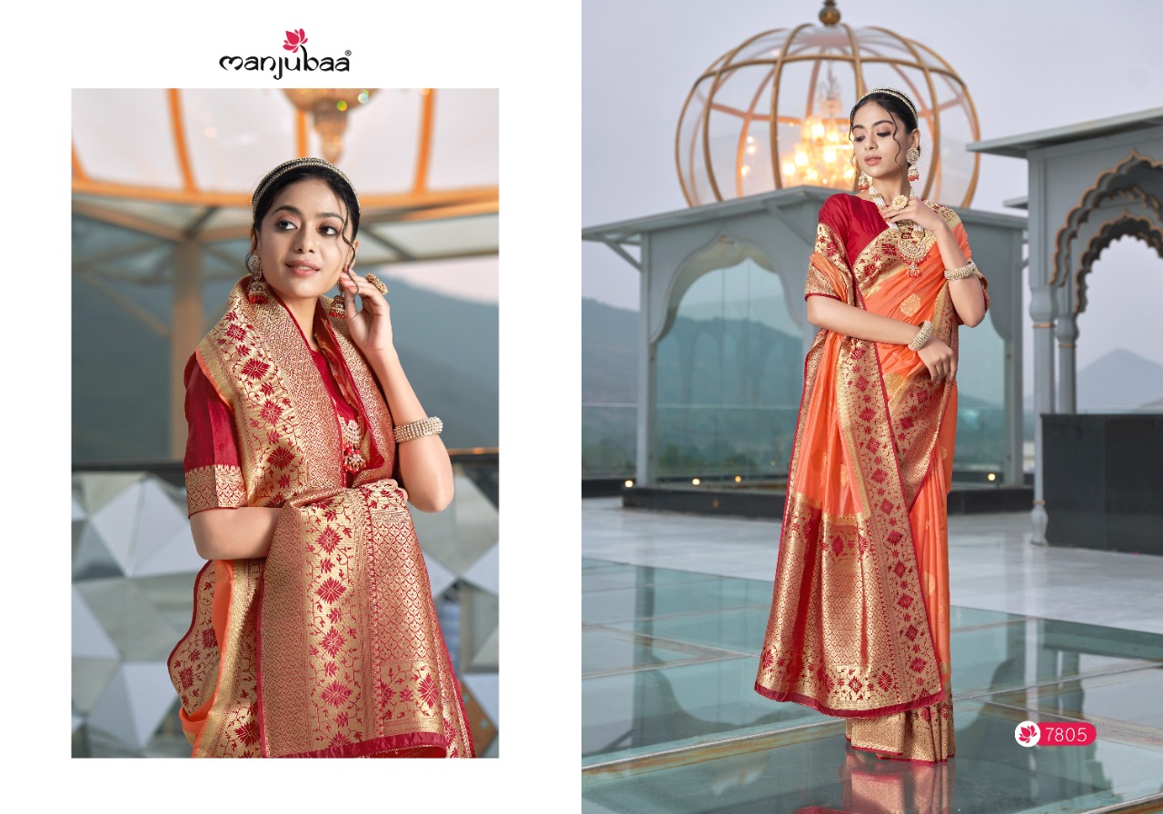 manjubaa Mahika silk Series 7801 To 7806 silk organza astonishing saree catalog