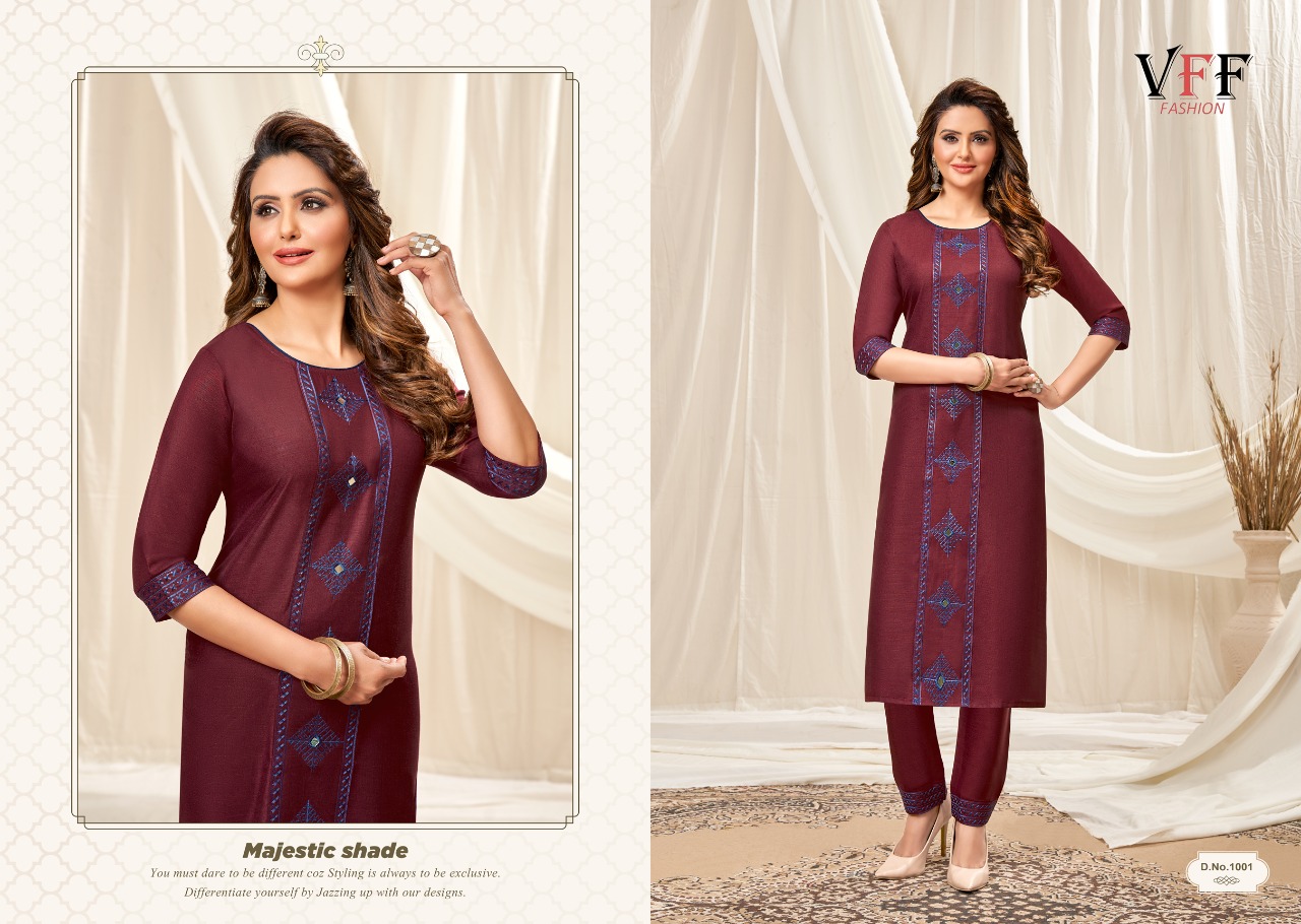 vff fashion  taniya cotton decent embroidery look kurti with pant colour set