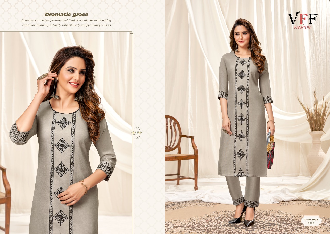 vff fashion  taniya cotton decent embroidery look kurti with pant colour set