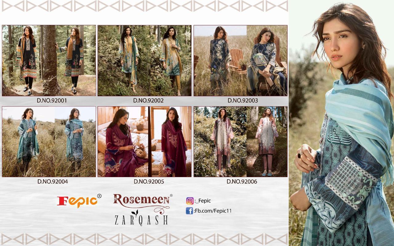 Fepic rosemeen zarqash cambric cotton attrective embroidary look salwar suit with cotton mal mal dupatta catalog