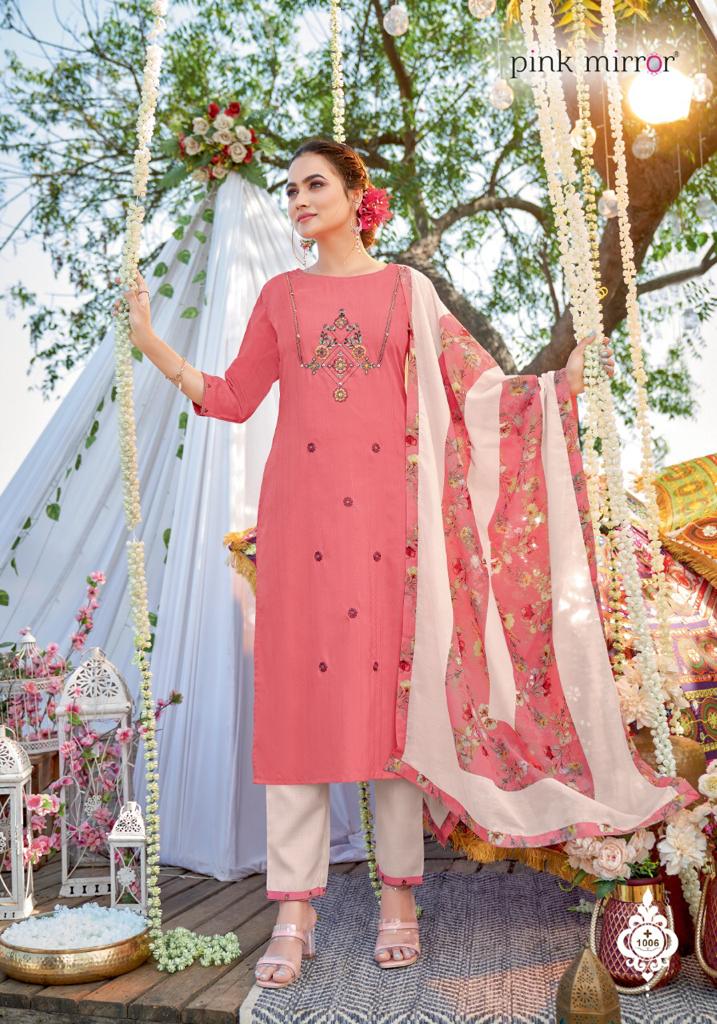 pink mirror threads viscose innovative style top with pant and dupatta catalog