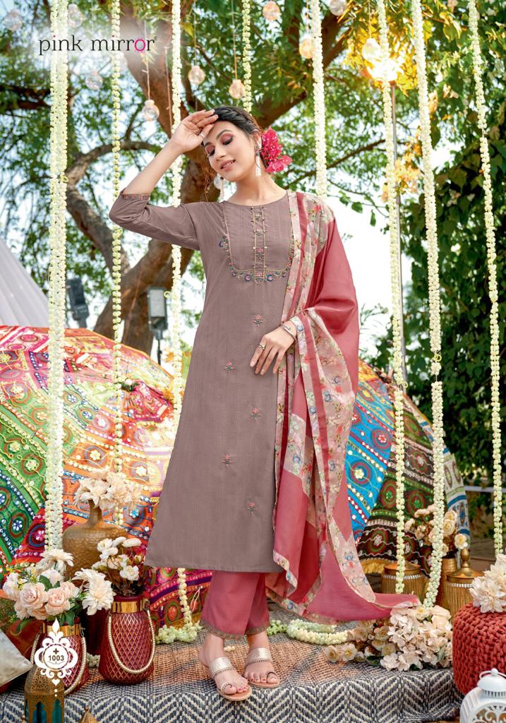 pink mirror threads viscose innovative style top with pant and dupatta catalog