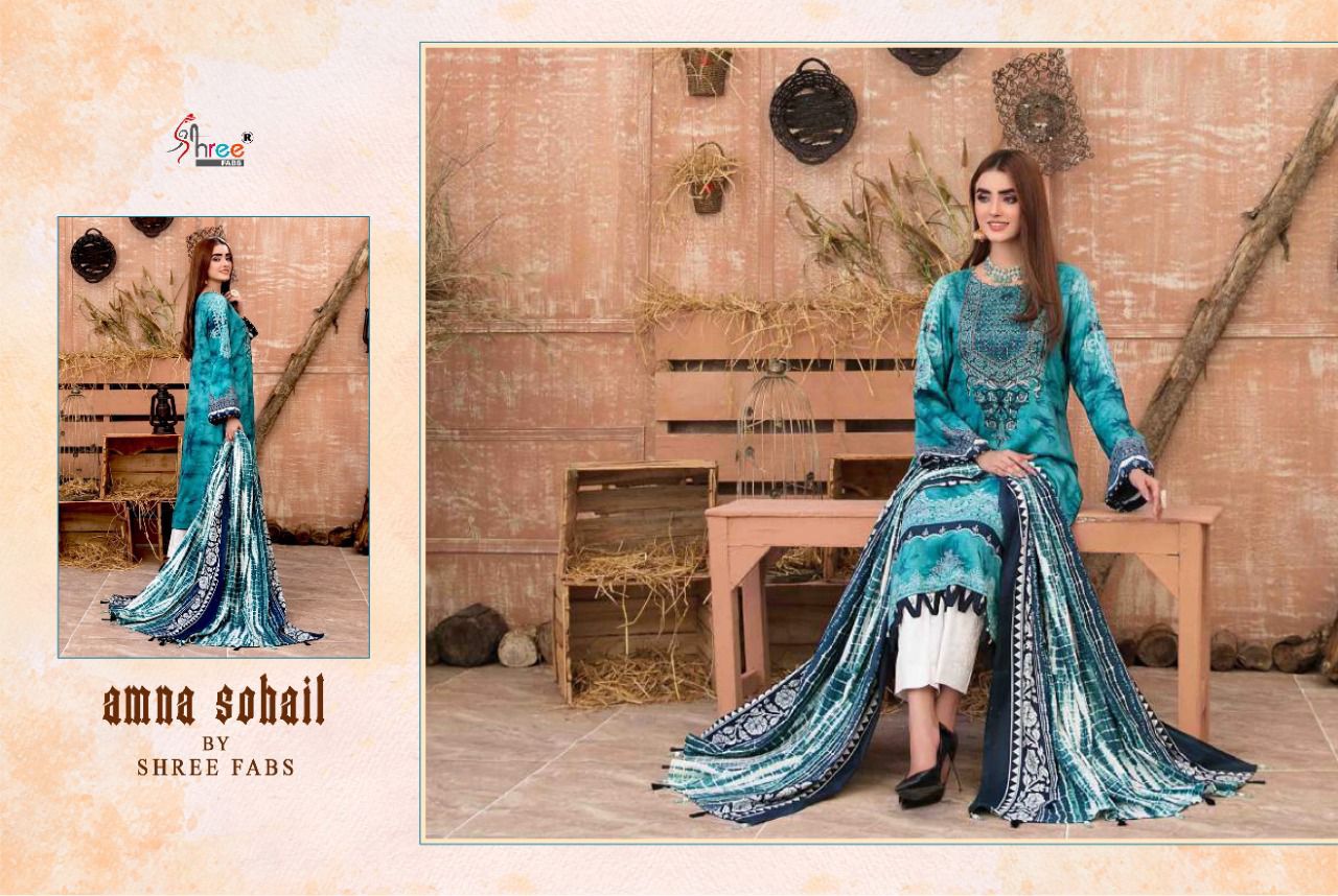 shree fab amna sohail cotton elegant salwar suit with silver dupatta catalog