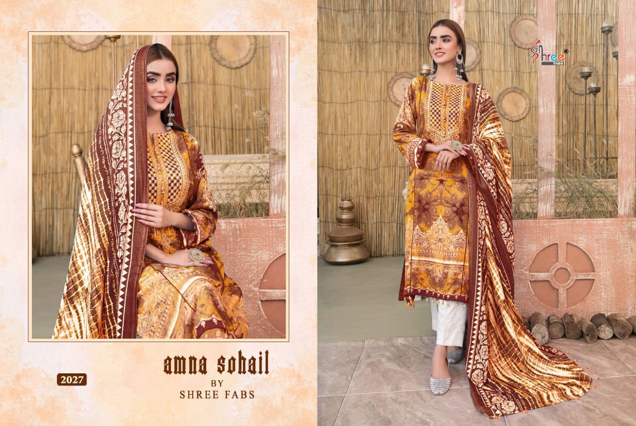 shree fab amna sohail cotton elegant salwar suit with silver dupatta catalog