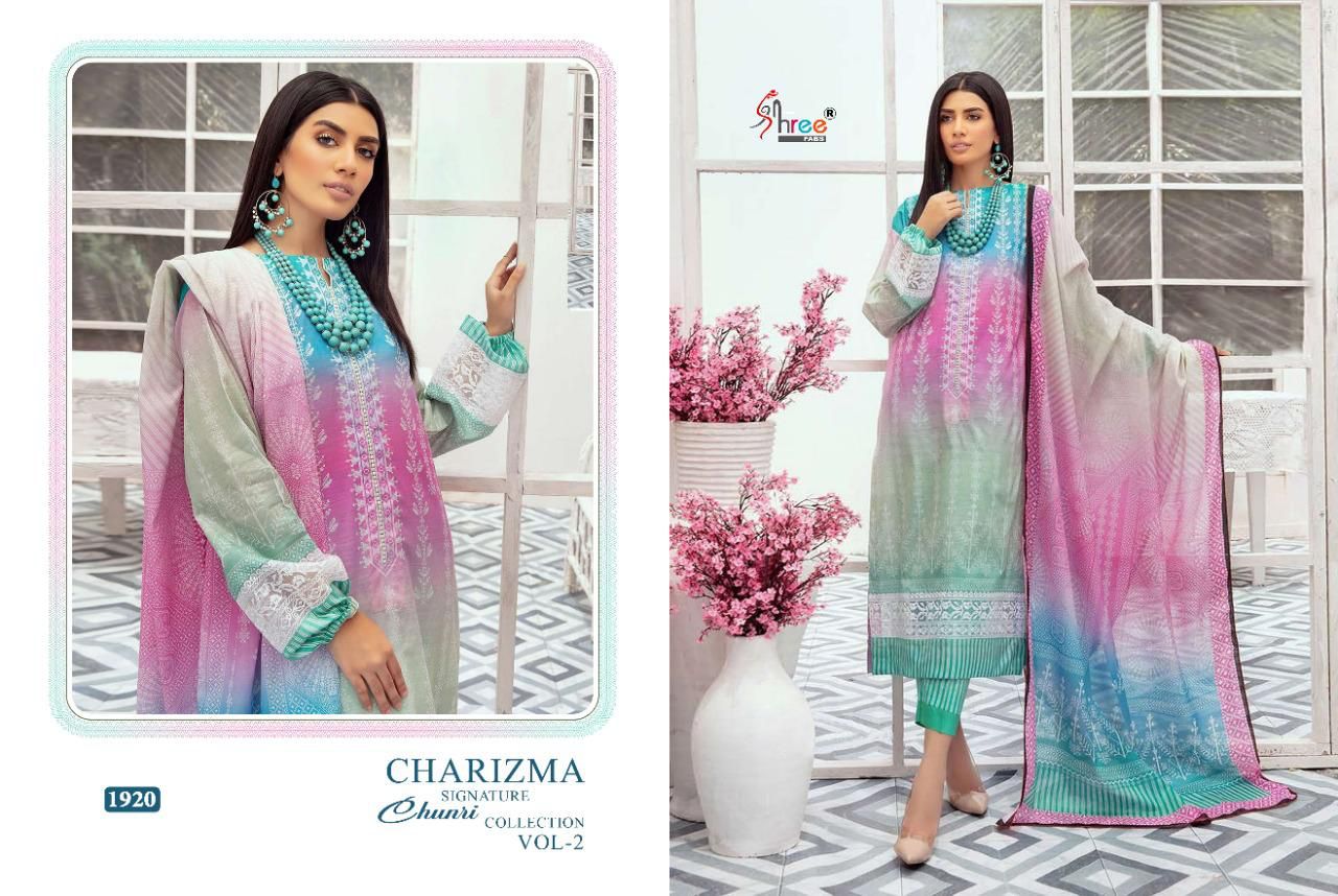shree fab charisma signature chunari collection vol 2 cotton elegant look salwar suit silver dupatta catalog